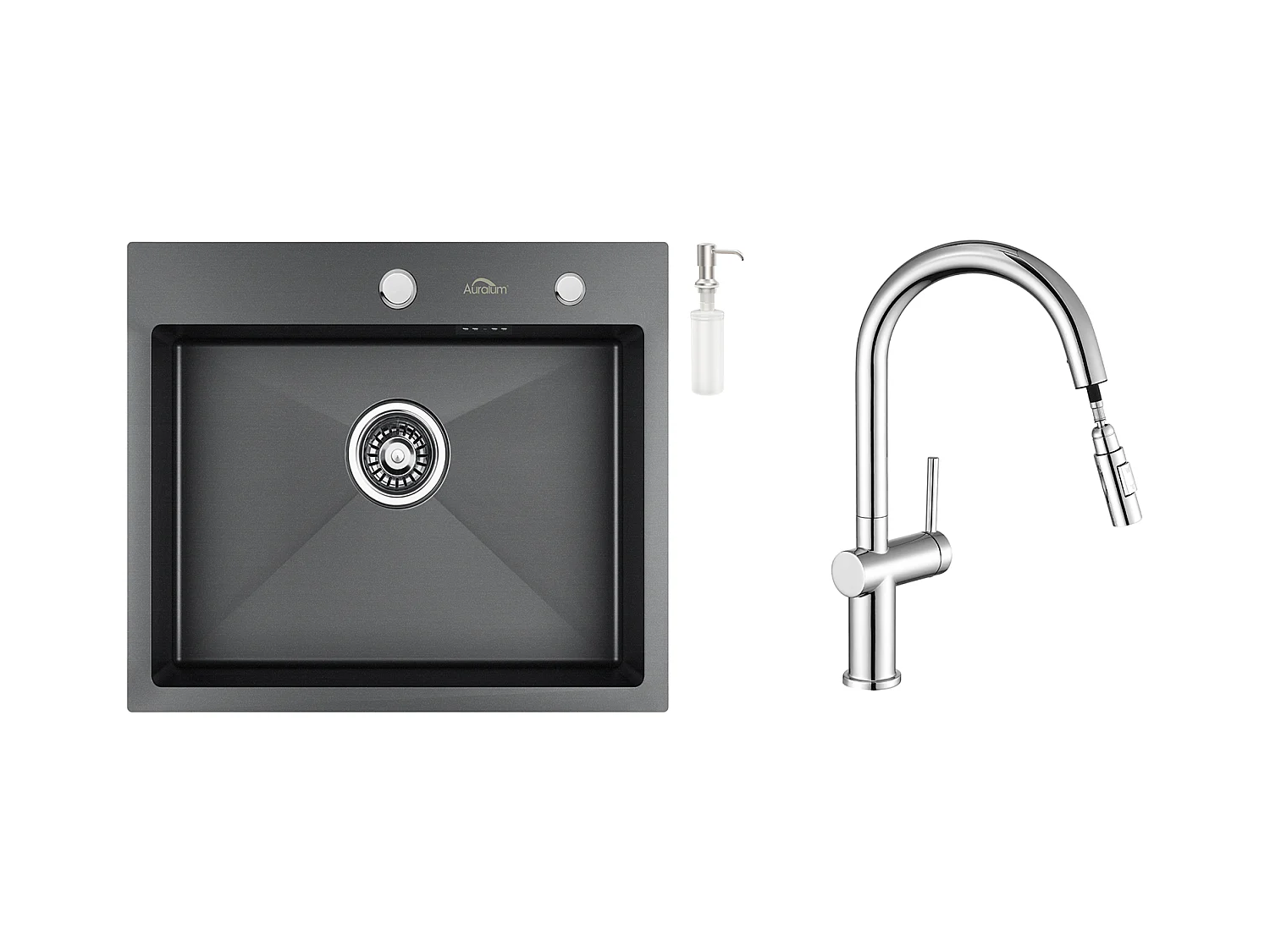Aanrecht Keuken 1 Bak 55*45CM Zwart+trekbare keukenkraan met twee functies, chroom