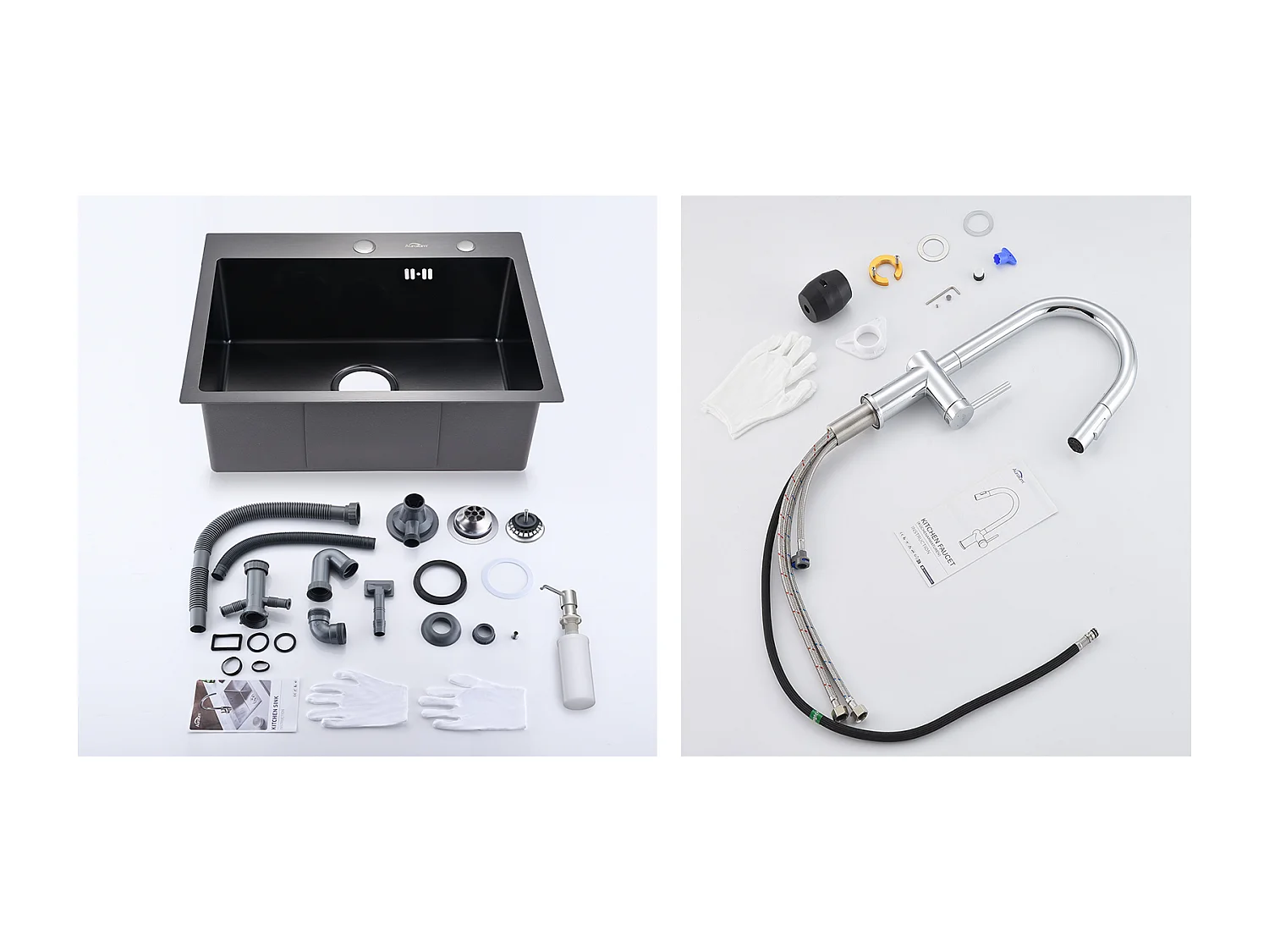 Aanrecht Keuken 1 Bak 55*45CM Zwart+trekbare keukenkraan met twee functies, chroom