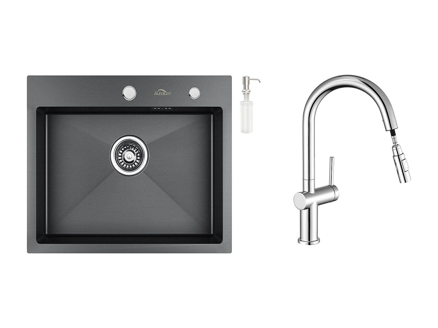   Évier Cuisine 1 Bac 55*45CM Noir+robinet de cuisine rétractable à deux fonctions, chromé