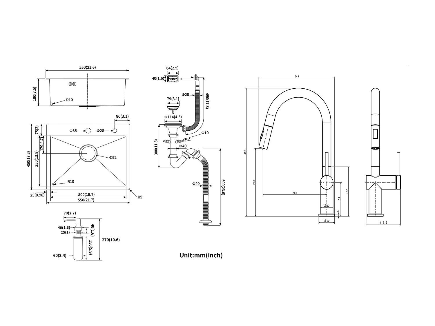   Évier Cuisine 1 Bac 55*45CM Noir+robinet de cuisine rétractable à deux fonctions, chromé