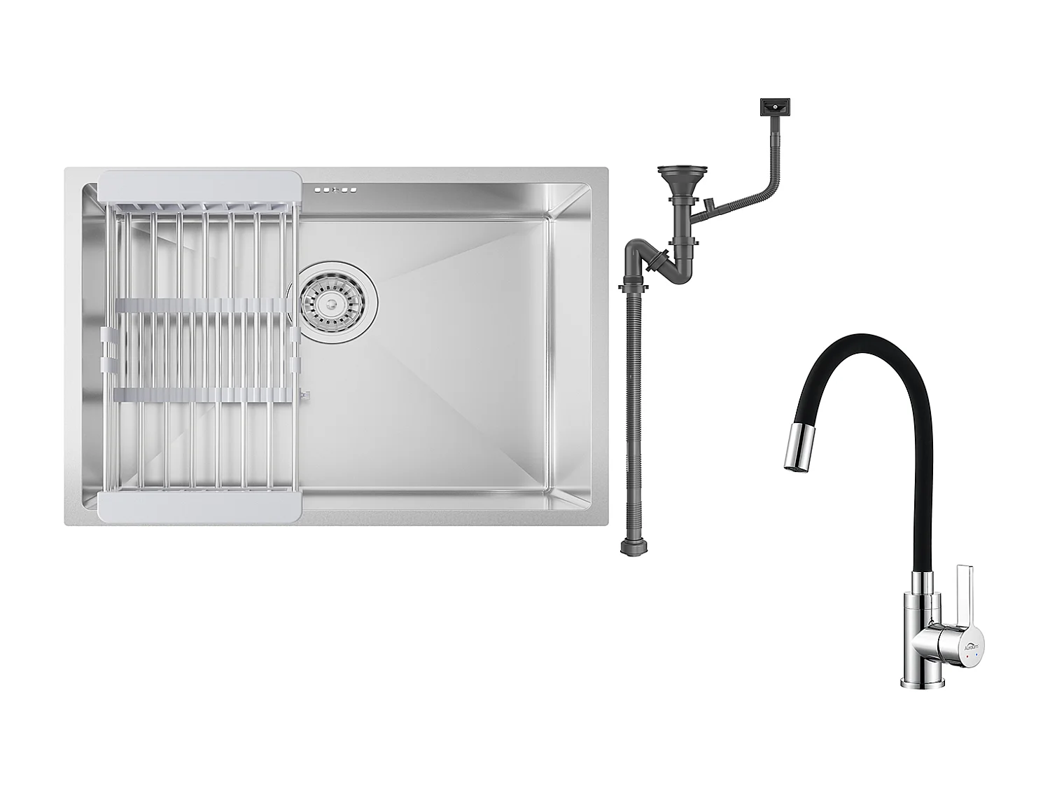 Auralum max Évier Cuisine 1 Bac 60*44*20CM,inox,à Encastrer/sous-plan avec Panier Drainage,Nano Silver+Robinet Cuisine Flexible Bec Haut Orientable