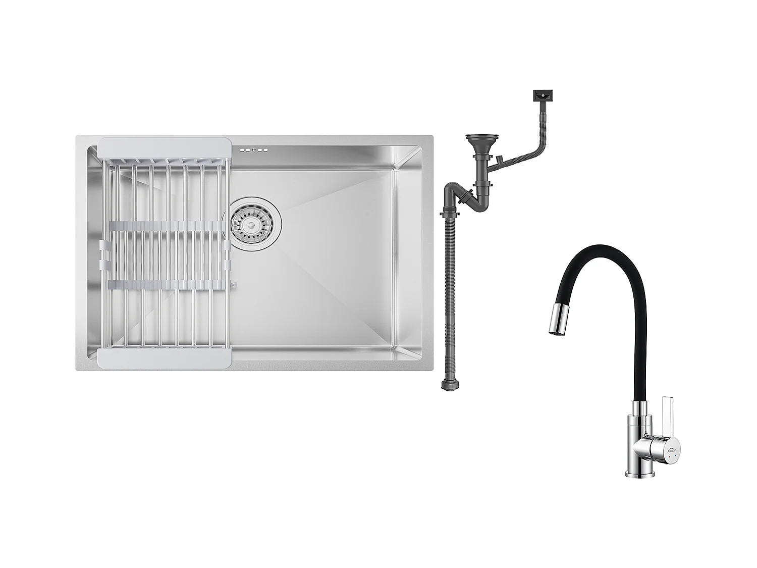 Auralum max Évier Cuisine 1 Bac 60*44*20CM,inox,à Encastrer/sous-plan avec Panier Drainage,Nano Silver+Robinet Cuisine Flexible Bec Haut Orientable