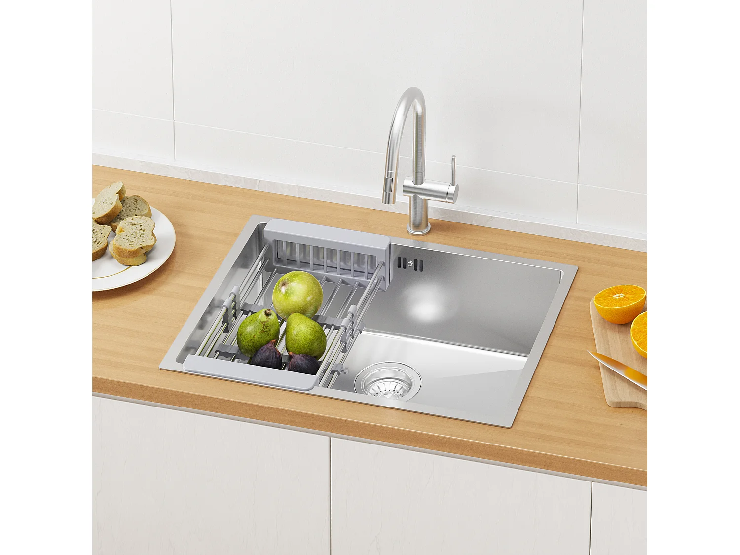 Auralum max Évier Cuisine 1 Bac 60*44*20CM,inox,à Encastrer/sous-plan avec Panier Drainage,Nano Silver+Robinet Cuisine Flexible Bec Haut Orientable