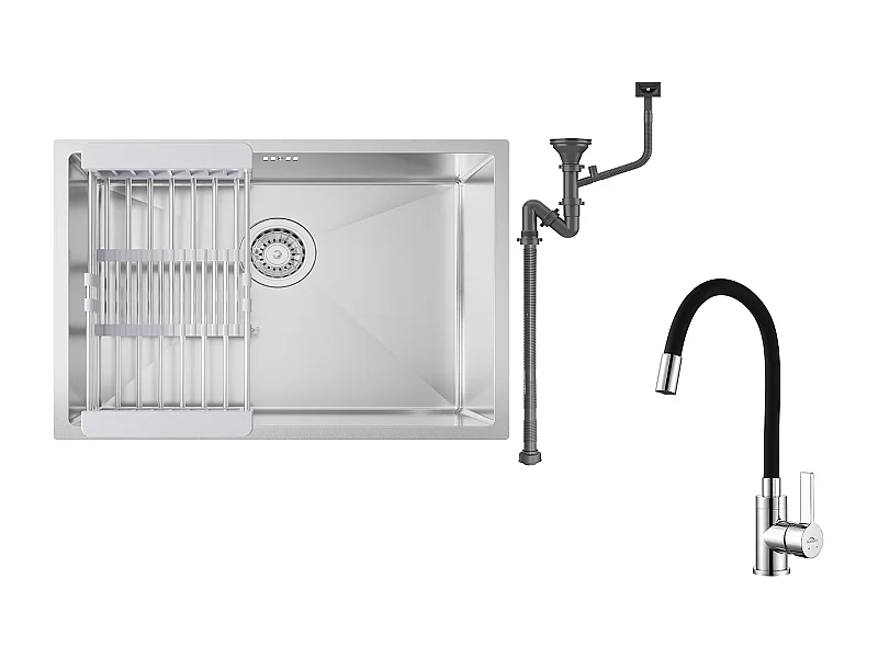 Auralum max Évier Cuisine 1 Bac 60*44*20CM,inox,à Encastrer/sous-plan avec Panier Drainage,Nano Silver+Robinet Cuisine Flexible Bec Haut Orientable
