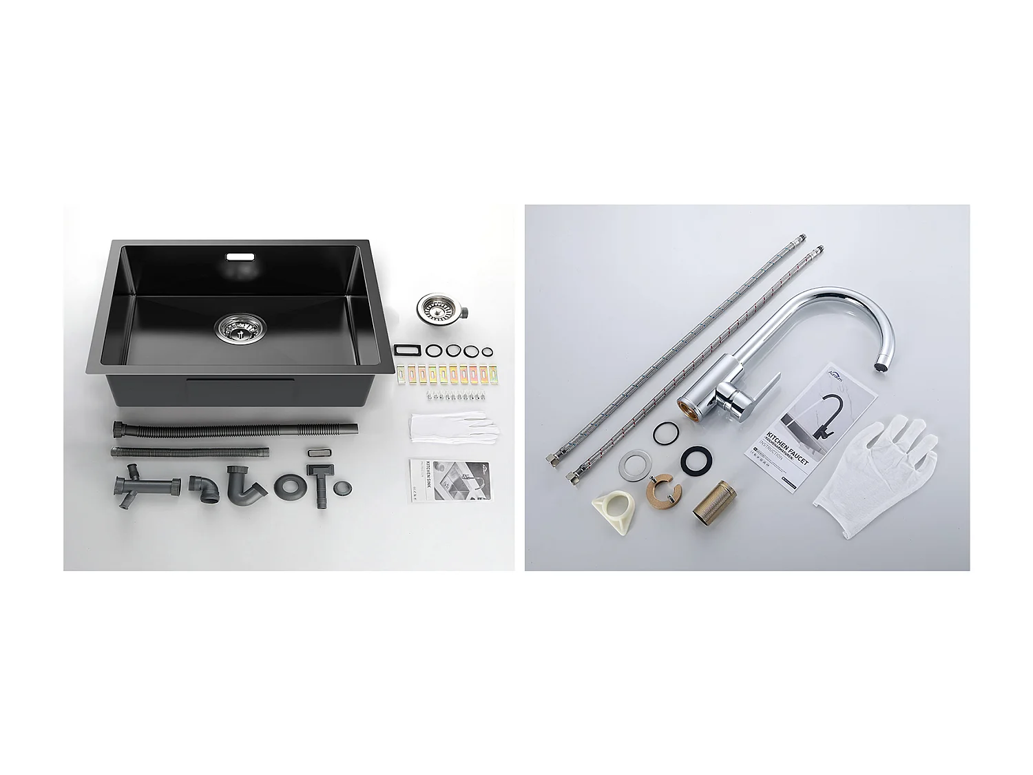 Lavello da Cucina 1 Vassoio 55*44*19CM, da Incasso/Fleur/ Sottopiano, Nero+Rubinetto Cucina Girevole a 360° con Acqua Calda/Fredda, Cromato