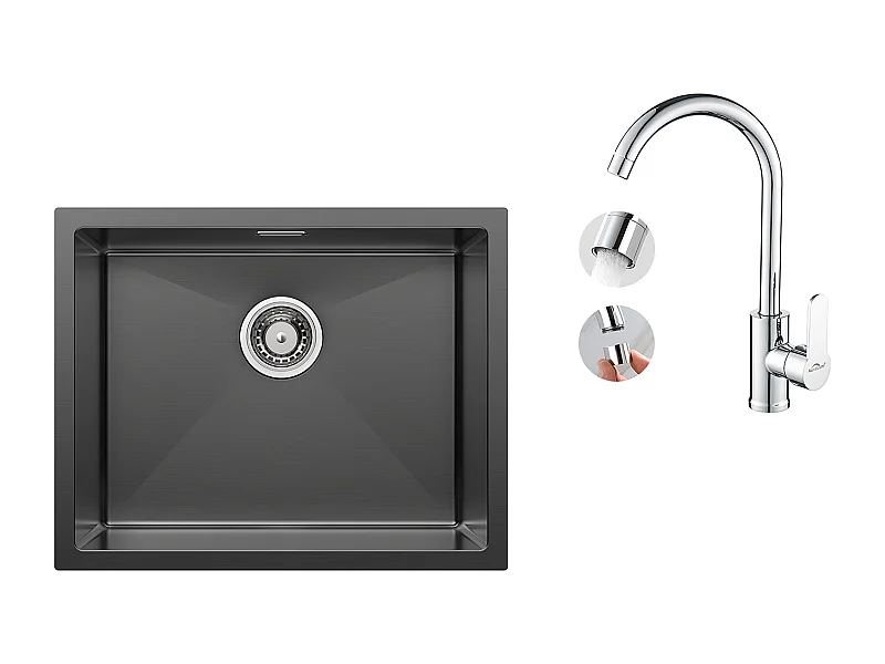 2 en1 Évier de Cuisine 1 Bac 55*44*19CM, à Encastrer/Fleur/ Sous-Plan, Noir+Robinet Cuisine Pivotant à 360° avec Eau Chaude/Froide, Chromé