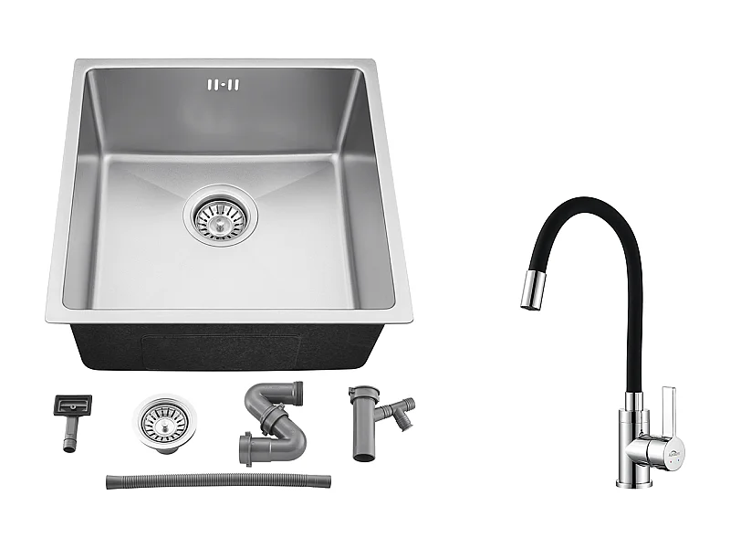 Évier Encastré 44x44x20CM- Évier de Cuisine 1 Bac en Acier Inoxydable 304,Argent+Robinet de Cuisine Flexible Bec Haut Orientable