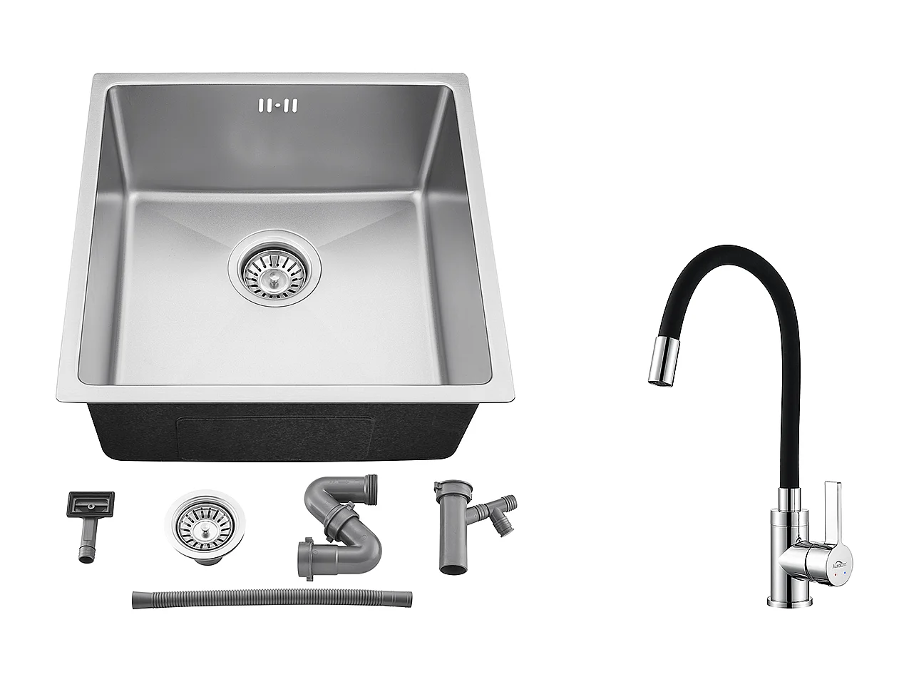 Évier Encastré 44x44x20CM- Évier de Cuisine 1 Bac en Acier Inoxydable 304,Argent+Robinet de Cuisine Flexible Bec Haut Orientable