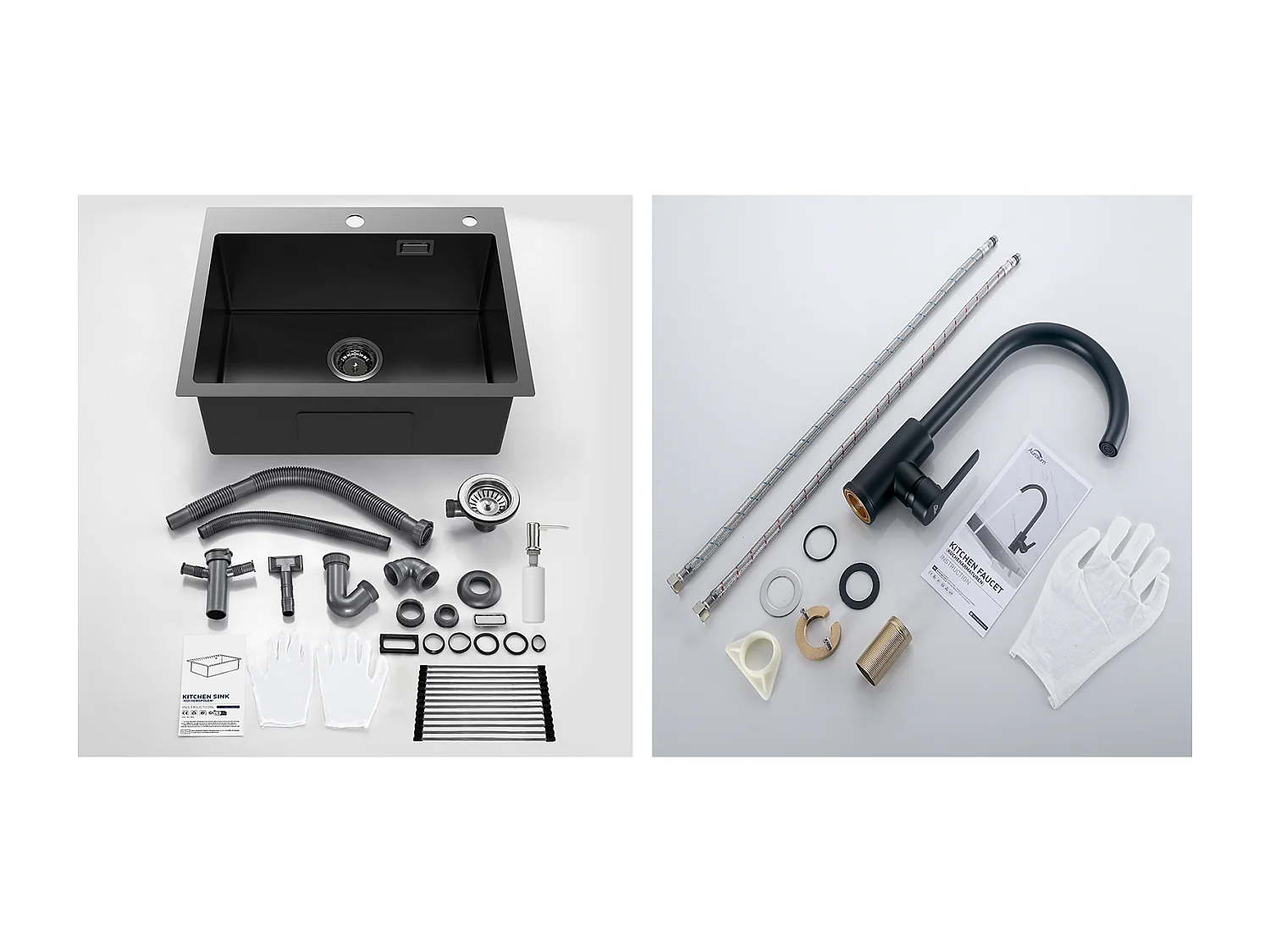 Lavello Cucina1 vasca  58*45*18CM,con Scolapiatti Lavello Avvolgibile/Distributore Sapone+Miscelatore CucinaGirevole a 360°,Nero