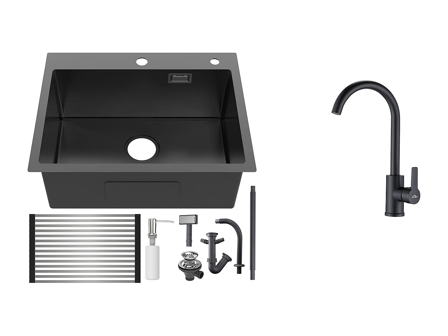 Évier Cuisine1Bac 58*45*18CM,avec Egouttoir évier Enroulable/Distributeur Savon+Mitigeur Cuisine Pivotant 360°,Barboteur Démontable,Noir