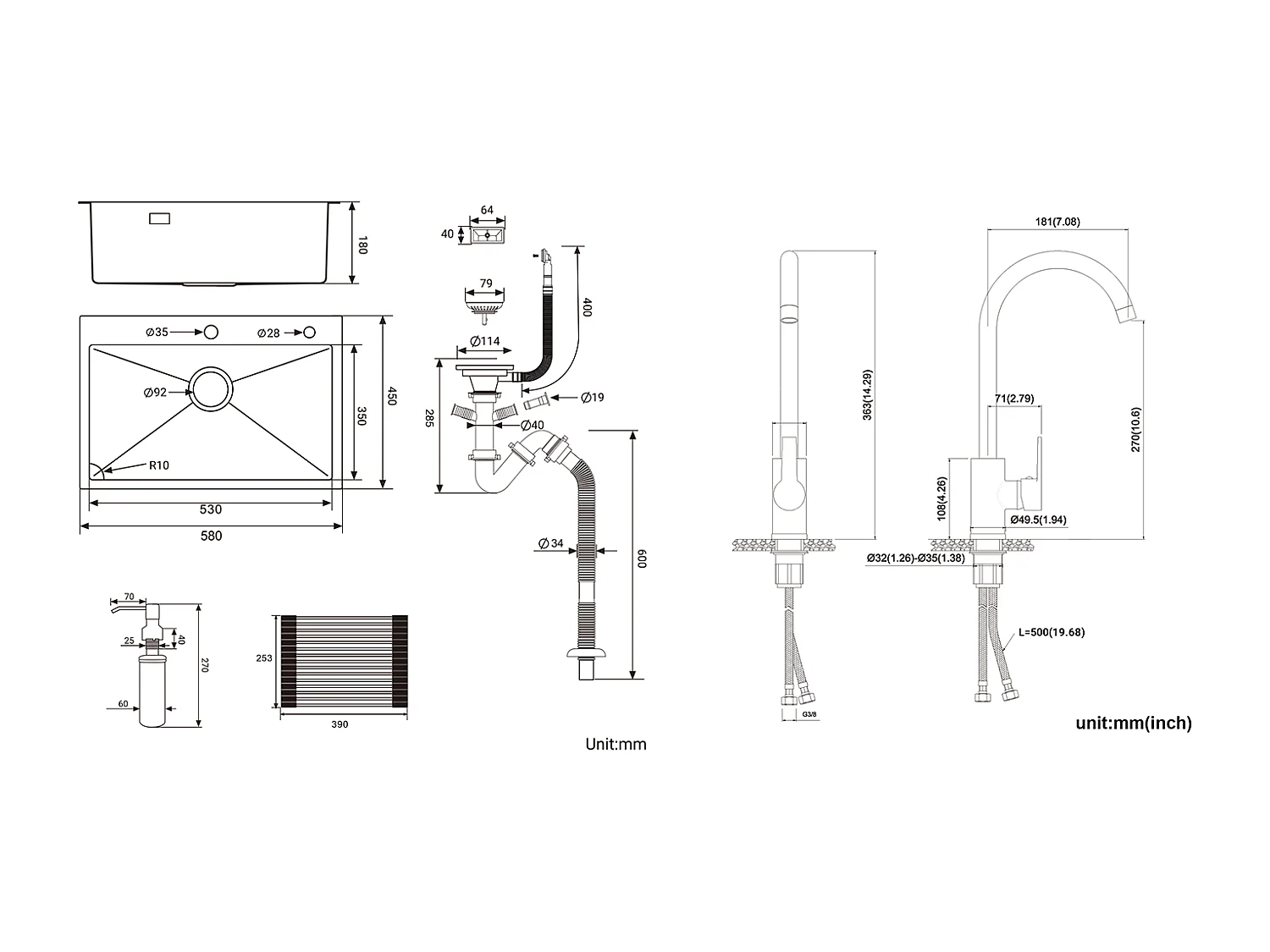 Évier Cuisine1Bac 58*45*18CM,avec Egouttoir évier Enroulable/Distributeur Savon+Mitigeur Cuisine Pivotant 360°,Barboteur Démontable,Noir