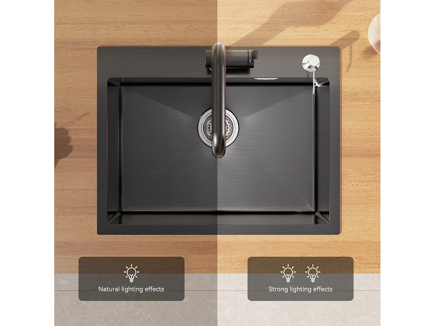 Évier Cuisine1Bac 58*45*18CM,avec Egouttoir évier Enroulable/Distributeur Savon+Mitigeur Cuisine Pivotant 360°,Barboteur Démontable,Noir