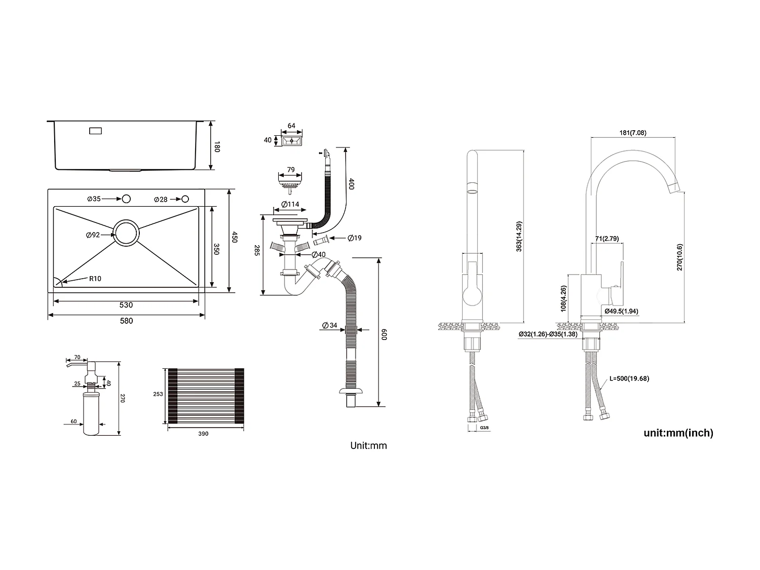 Évier Cuisine1Bac 58*45*18CM,avec Egouttoir évier Enroulable/Distributeur Savon+Mitigeur Cuisine Pivotant 360°,Barboteur Démontable,Noir