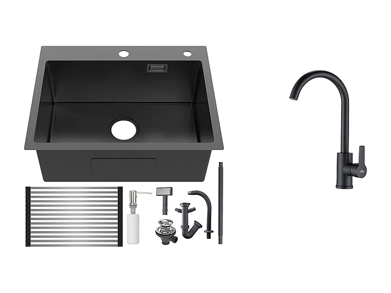 Évier Cuisine1Bac 58*45*18CM,avec Egouttoir évier Enroulable/Distributeur Savon+Mitigeur Cuisine Pivotant 360°,Barboteur Démontable,Noir