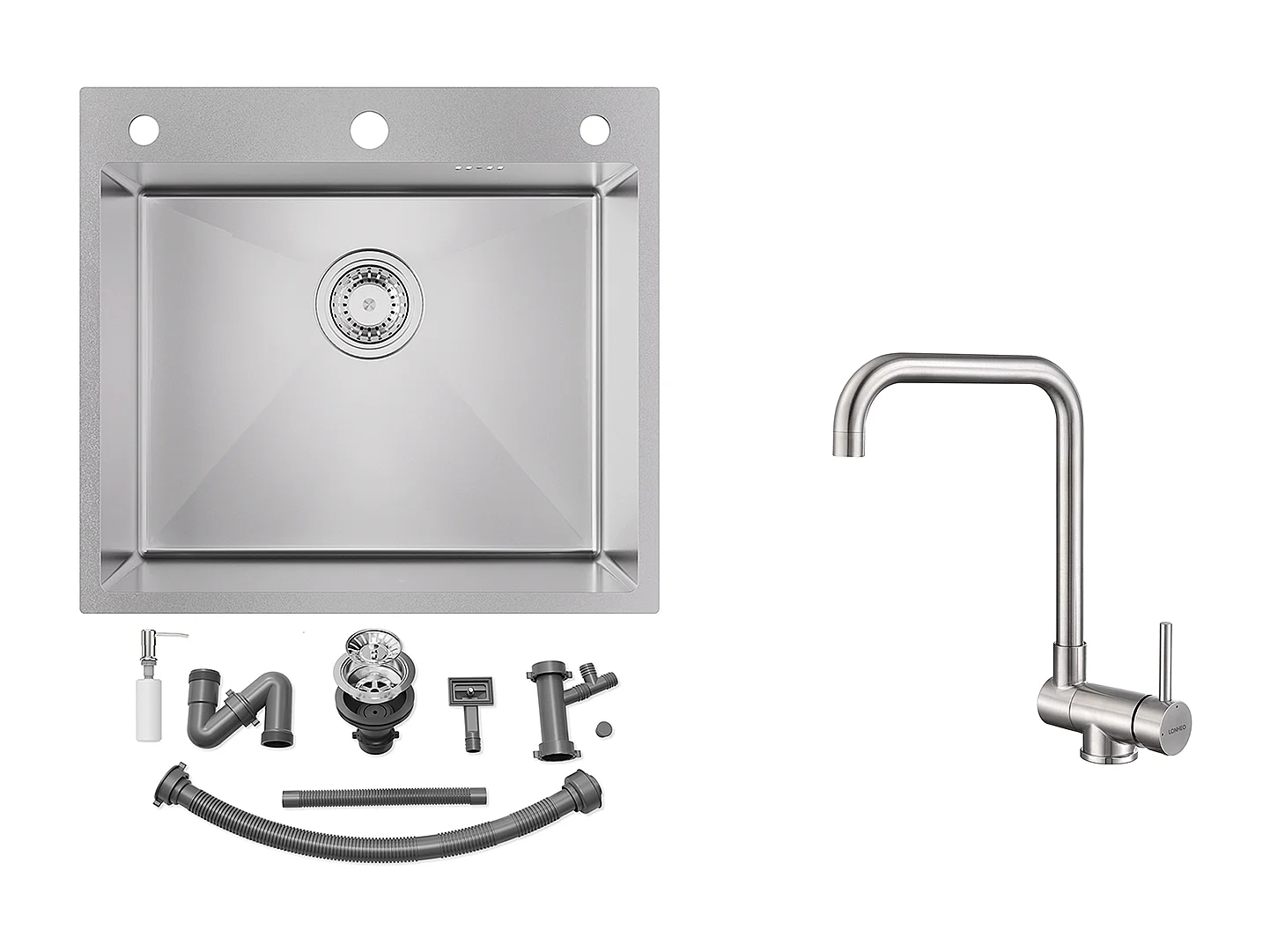 Aanrecht 54*49*20 CM, inbouw/vlak met zeepdispenser,Zilver+Opklapbare Keukenmengkraan Draaibaar 360° Koud Water Warm,EU Model