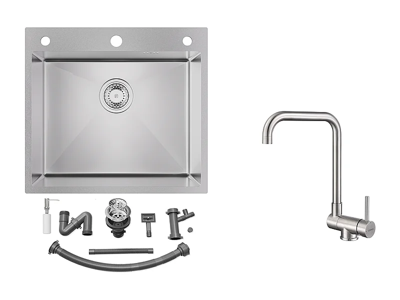 Küchenspüle 54 x 49 x 20 cm, Einbauspüle mit Seifenspender, silberfarben + 360° schwenkbarer Küchenmischhahn, heißes und kaltes Wasser, EU-Modell