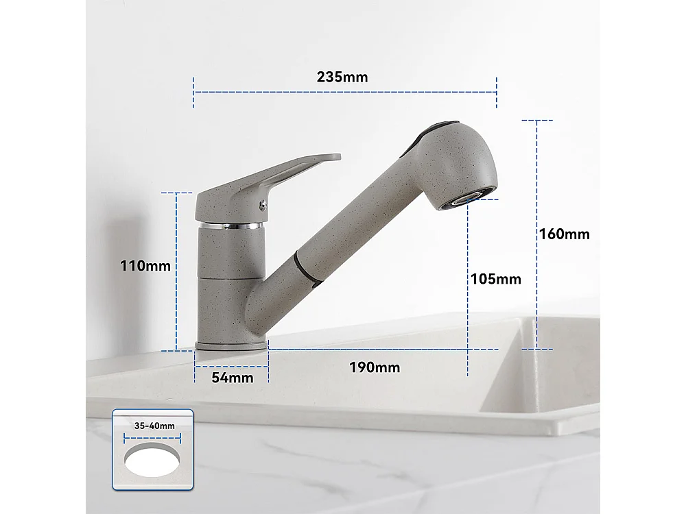 Auralum Max Évier Cuisine 1 Bac 60*44*20CM,inox 304,à Encastrer avec Panier Drainage,Noir+Robinet Cuisine avec Douchette Extractible 2 Jets,Gris