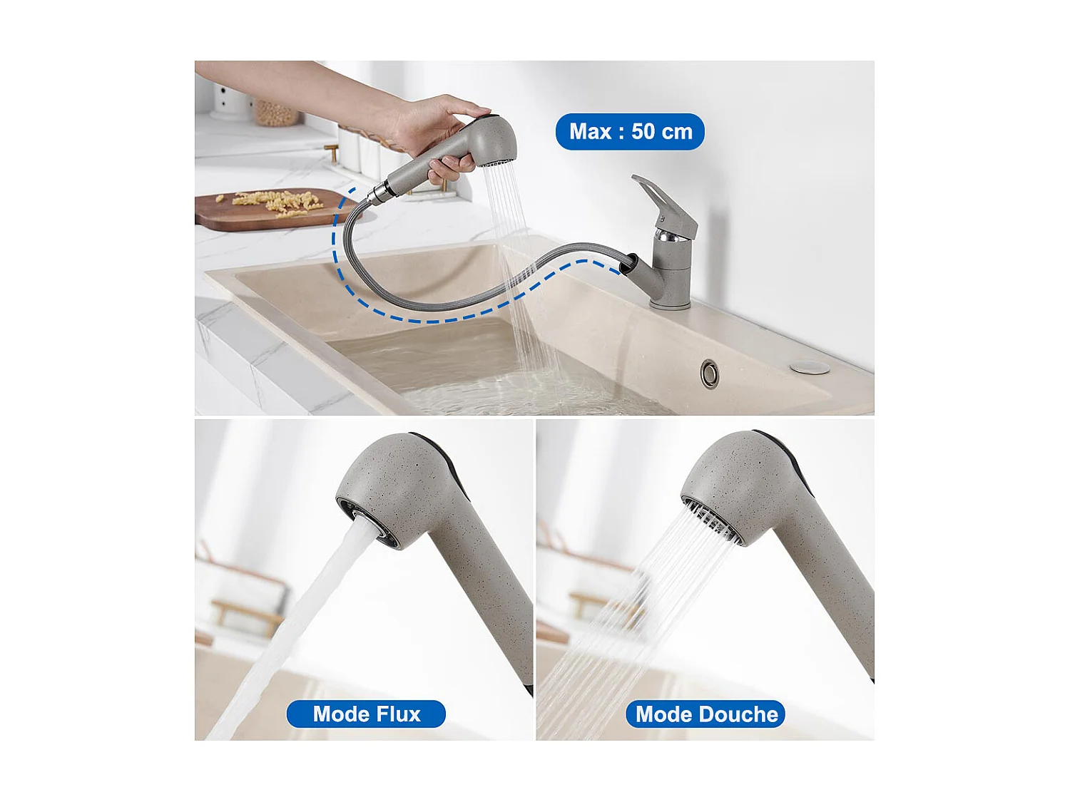 Auralum Max Évier Cuisine 1 Bac 60*44*20CM,inox 304,à Encastrer avec Panier Drainage,Noir+Robinet Cuisine avec Douchette Extractible 2 Jets,Gris