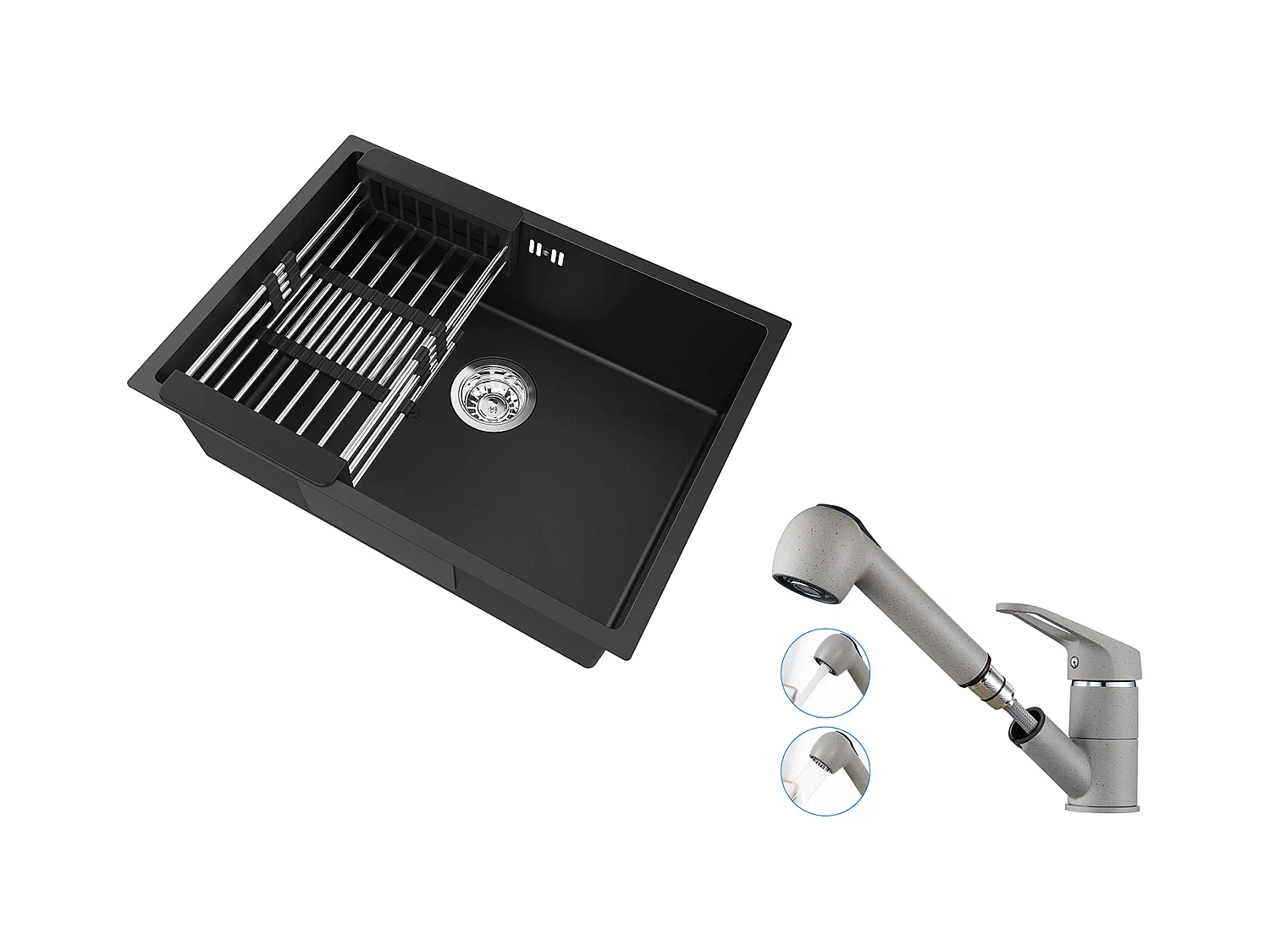 Auralum Max Fregadero Cocina 1 Bandeja 60*44*20CM,acero inoxidable 304,empotrado con Cesta drenaje,Negro+Grifo Cocina con Ducha Extraíble 2 Jets,Gris