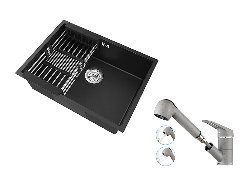 Auralum Max Lavello Cucina 1 Vassoio 60*44*20CM,inox 304,da incasso con cestino drenaggio,nero+rubinetto cucina con doccia estraibile 2 getti, grigio