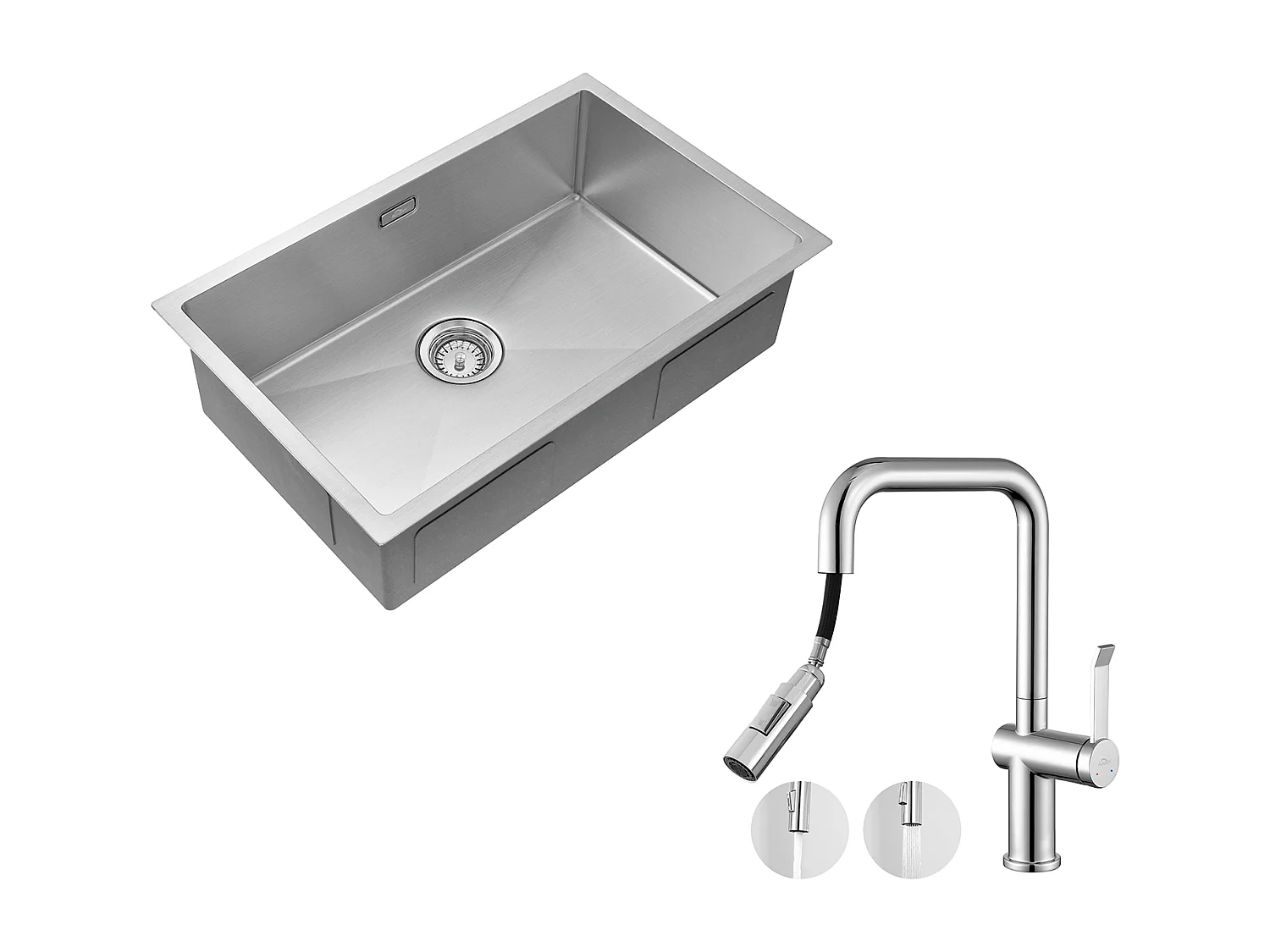 74 * 44 * 20 cm Einzelbecken-Küchenspüle, mit Siphon und Überlauf + Feder-Küchenarmatur mit ausziehbarer Brause, 2 Wasserauslassmodi