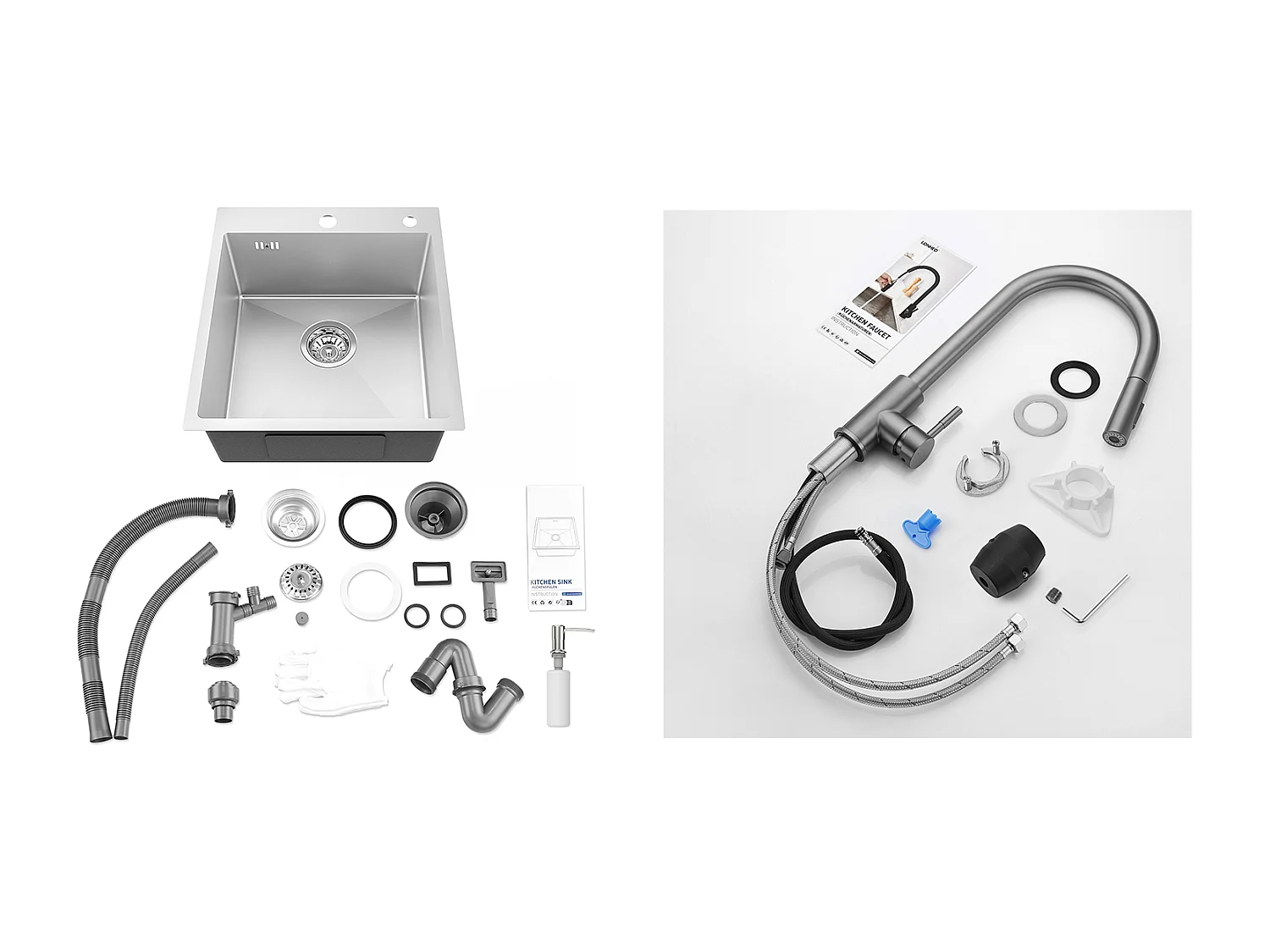 Aanrecht 1Bak Zilver,44*49*20 CM,met VerdelerZeep, RVS + Keukenmengkraan met Uittrekbare Douchekop Donkergrijs 360 ° Draaibaar