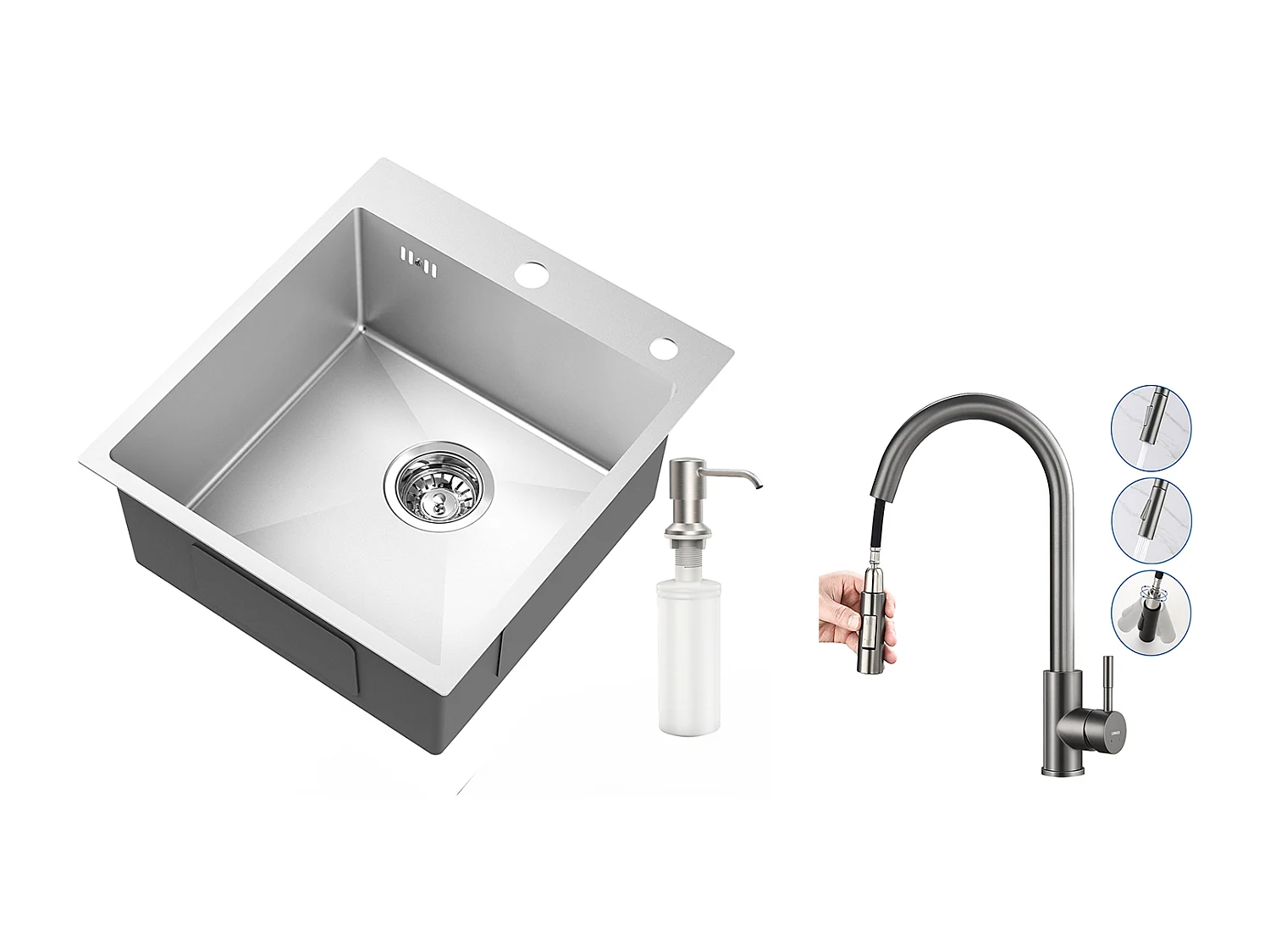 Évier Cuisine 1Bac Argent,44*49*20 CM,avec Distributeur Savon,Inox+Mitigeur de Cuisine avec Douchette Extractible Gris Foncé Rotatif 360 °