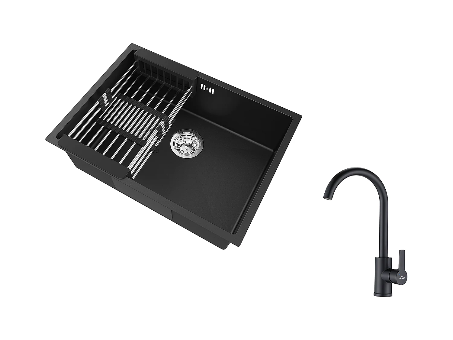 Auralum Max  Évier Cuisine 1 Bac 60*44*20CM,inox 304,à Encastrer/sous-plan avec Panier Drainage,Noir+Mitigeur Cuisine Pivotant à 360°,Noir