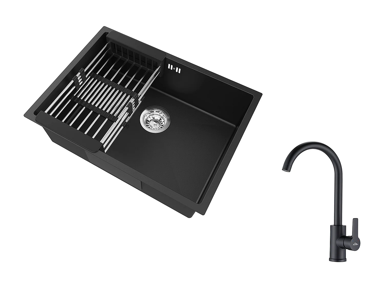 Auralum Max  Évier Cuisine 1 Bac 60*44*20CM,inox 304,à Encastrer/sous-plan avec Panier Drainage,Noir+Mitigeur Cuisine Pivotant à 360°,Noir