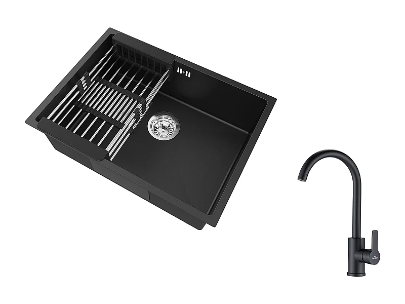 Auralum Max  Évier Cuisine 1 Bac 60*44*20CM,inox 304,à Encastrer/sous-plan avec Panier Drainage,Noir+Mitigeur Cuisine Pivotant à 360°,Noir