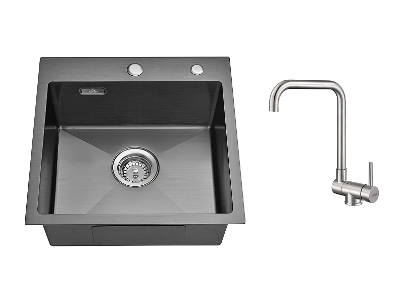 Aanrecht Zwart 1Bak 45x45CM Roestvrij Staal 304, Inbouw en Opzetbaar+Mengkraan Keuken Opklapbaar Draaibaar 360° Koud Water Warm