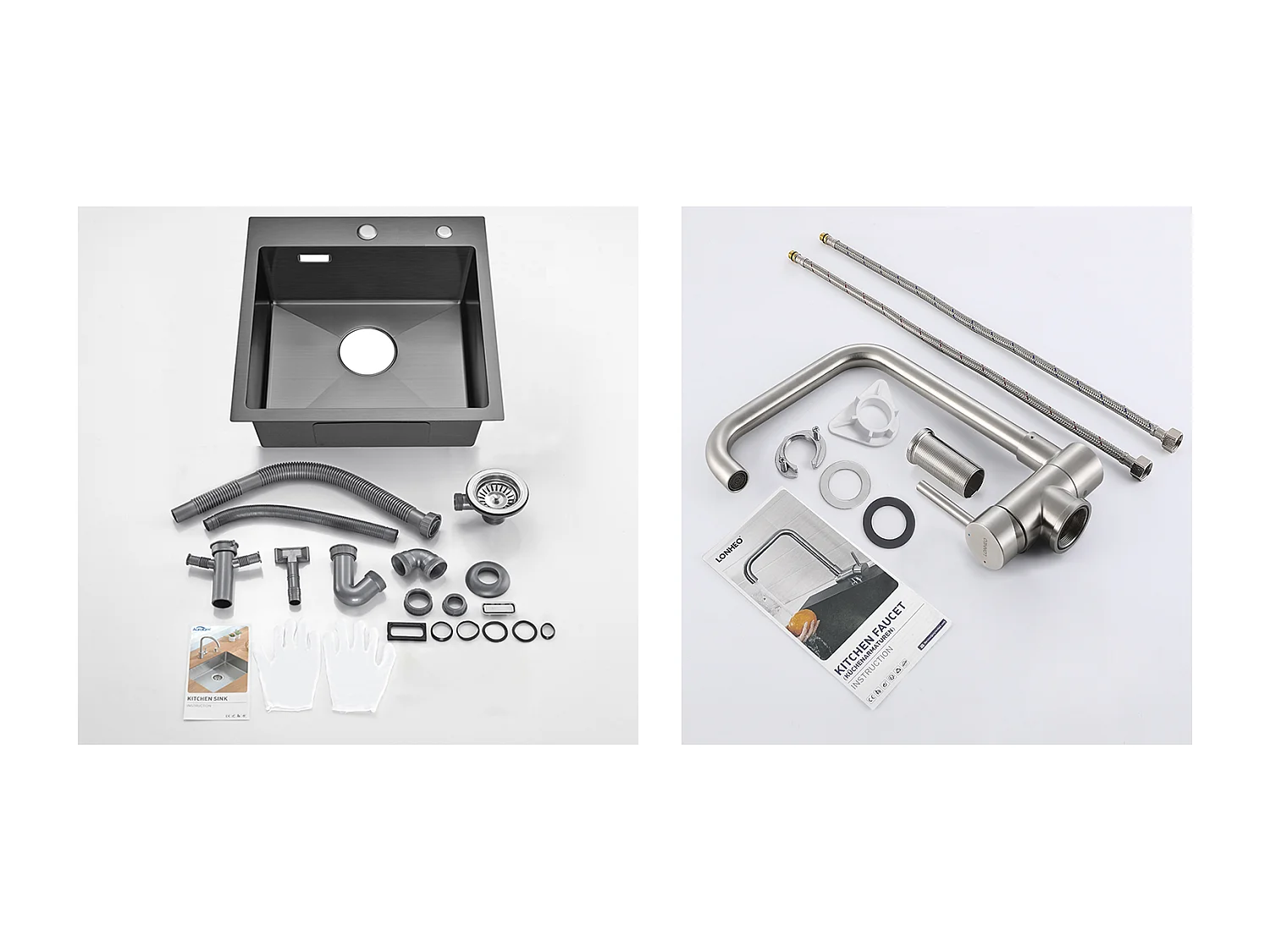 Évier Cuisine Noir  1 Bac 45x45CM Acier Inoxydable 304 ,encastré et à Poser+Mitigeur Cuisine Rabattable Pivotant 360° Eau froid Chaud