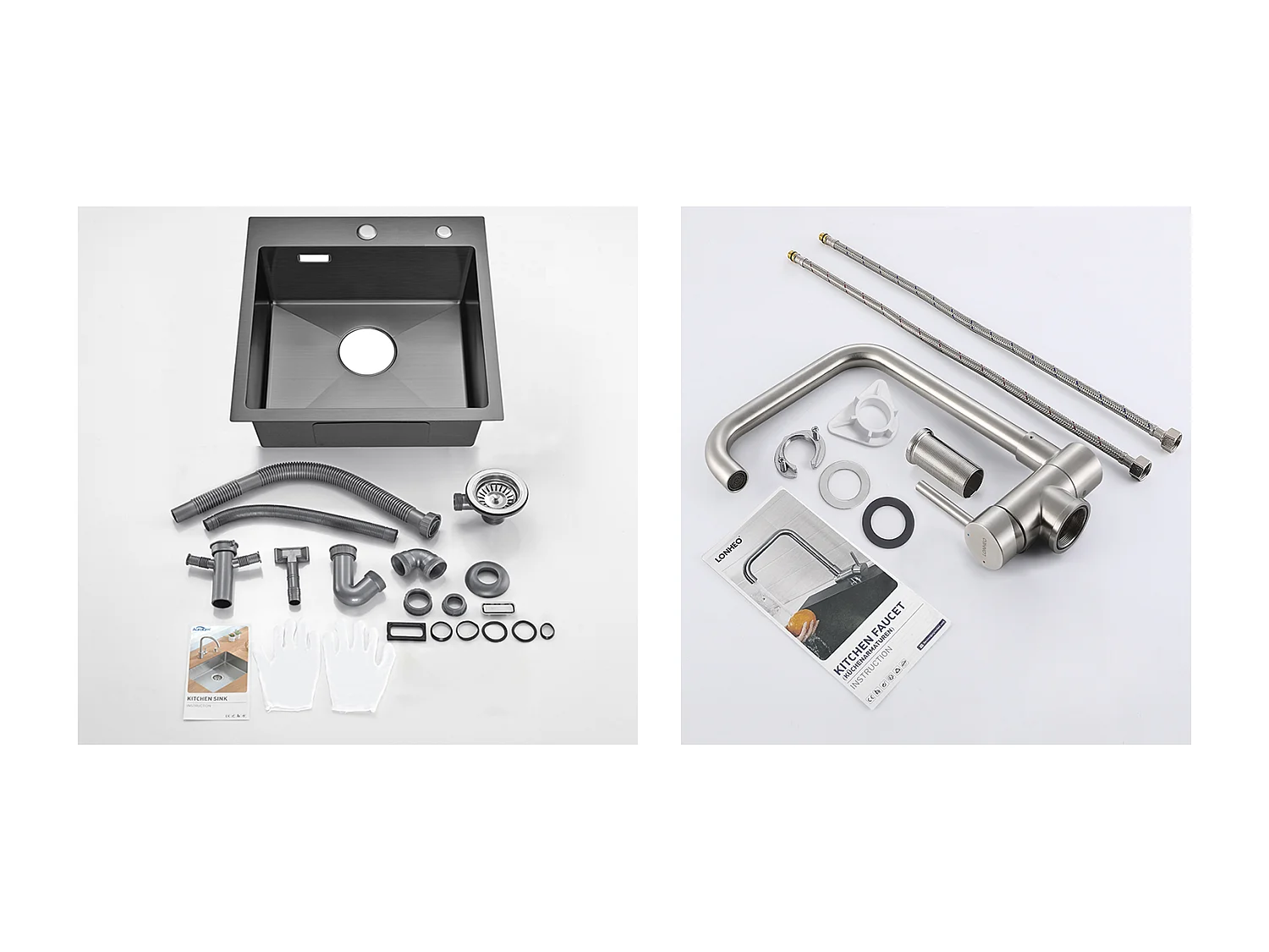 Évier Cuisine Noir  1 Bac 45x45CM Acier Inoxydable 304 ,encastré et à Poser+Mitigeur Cuisine Rabattable Pivotant 360° Eau froid Chaud