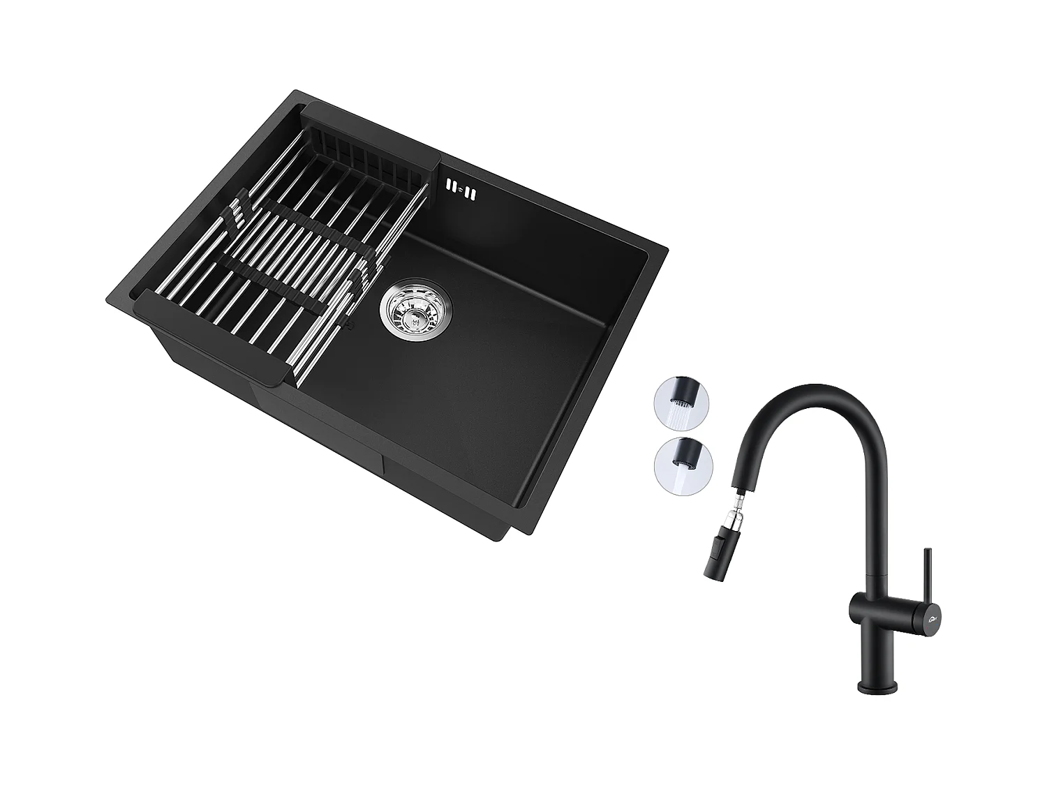 Auralum Max  Évier Cuisine 1 Bac 60*44*20CM,inox 304,sous-plan avec Panier Drainage,Noir+Robinet de cuisine rétractable à deux fonctions, Noir