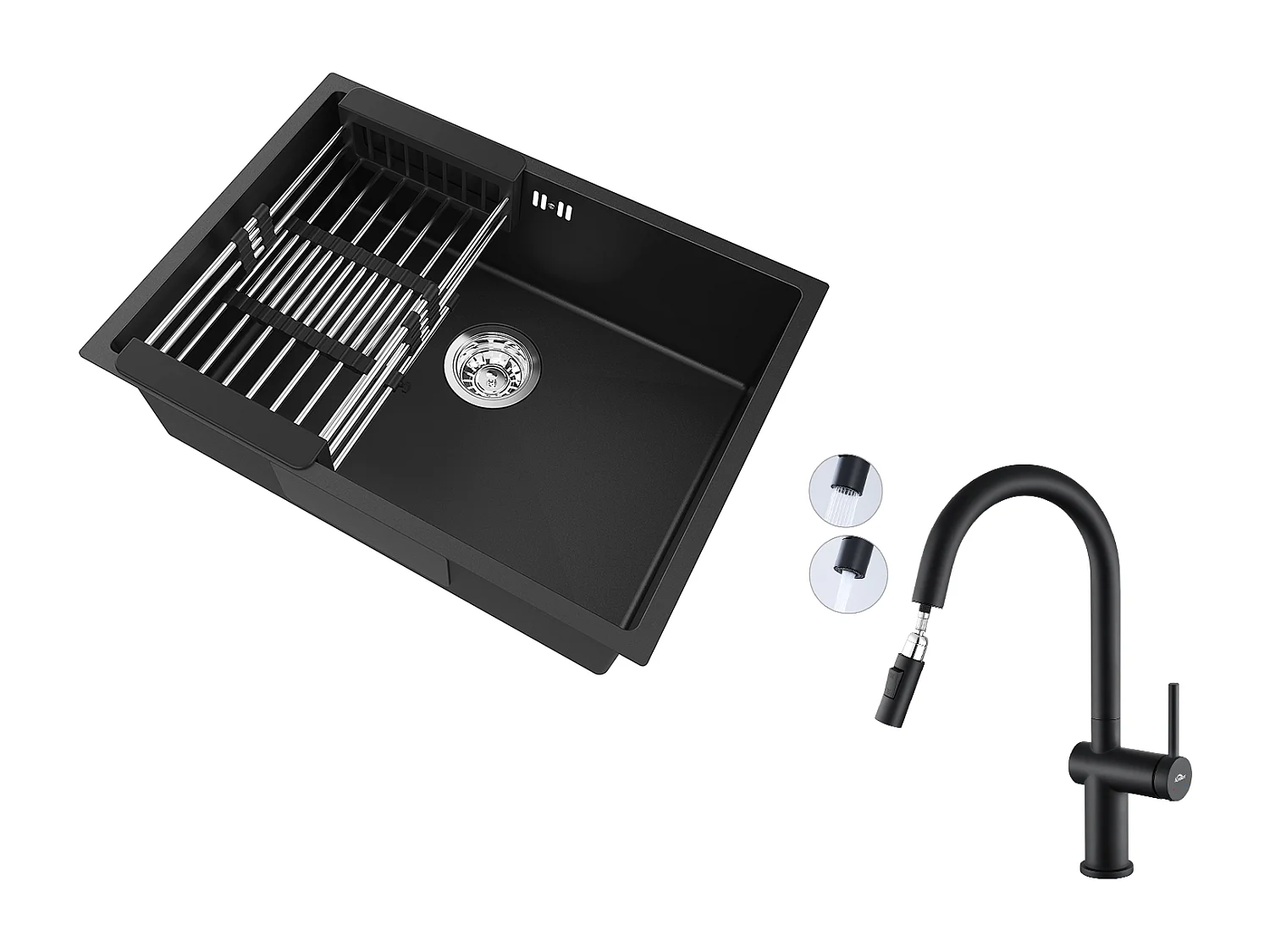 Auralum Max Lavello Cucina 1Vassoio 60*44*20CM,inox 304,sottopiano con Cestello di drenaggio,Nero+Rubinetto da cucina retrattile a due funzioni, Nero