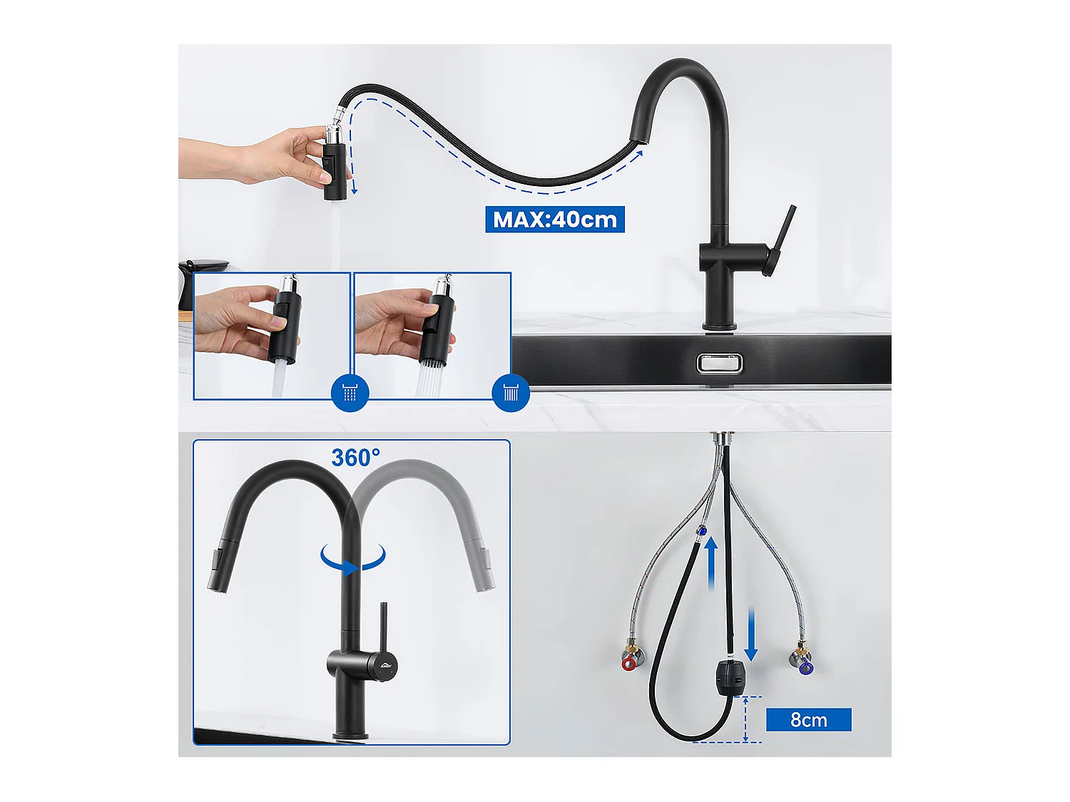 Auralum Max Lavello Cucina 1Vassoio 60*44*20CM,inox 304,sottopiano con Cestello di drenaggio,Nero+Rubinetto da cucina retrattile a due funzioni, Nero