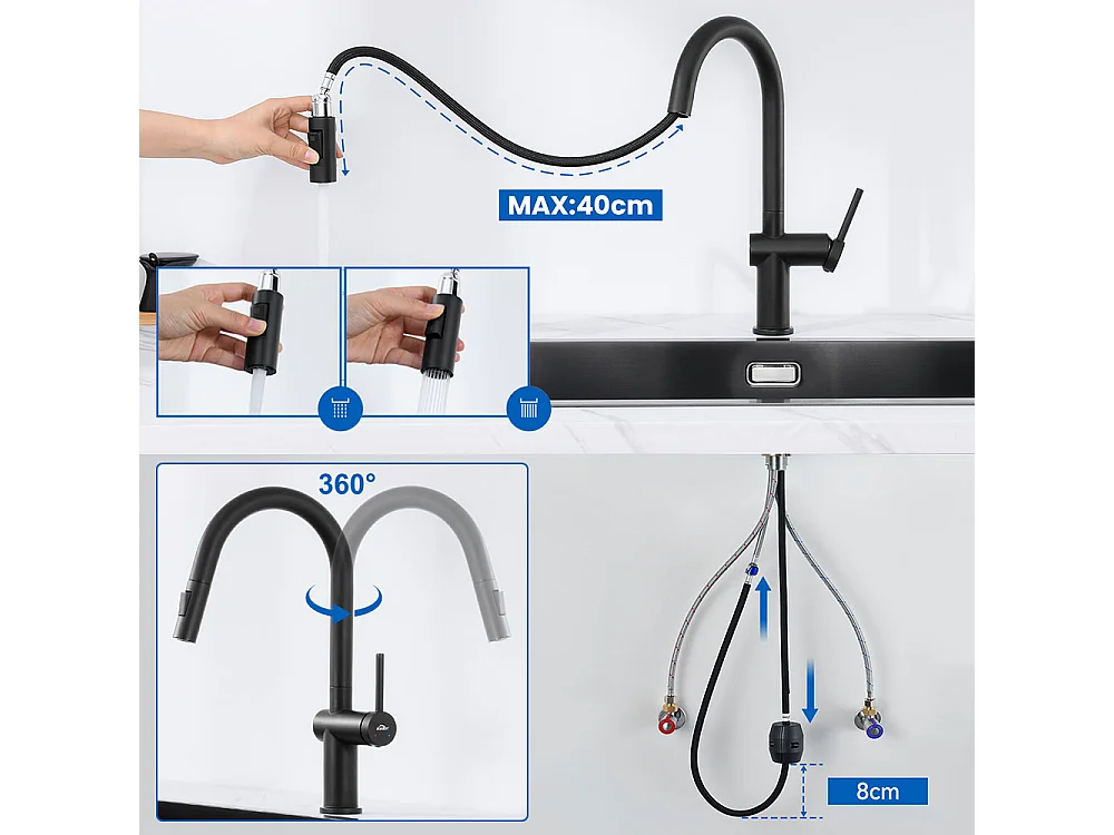 Auralum Max Lavello Cucina 1Vassoio 60*44*20CM,inox 304,sottopiano con Cestello di drenaggio,Nero+Rubinetto da cucina retrattile a due funzioni, Nero