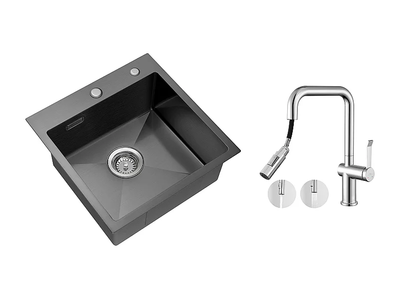 Évier Cuisine 1 Bac 45x45CM Acier Inoxydable 304+Robinet de Cuisine avec Douchette Extractible Rotatif 360 °2 Fonctions, Barboteur démontable,Chromé