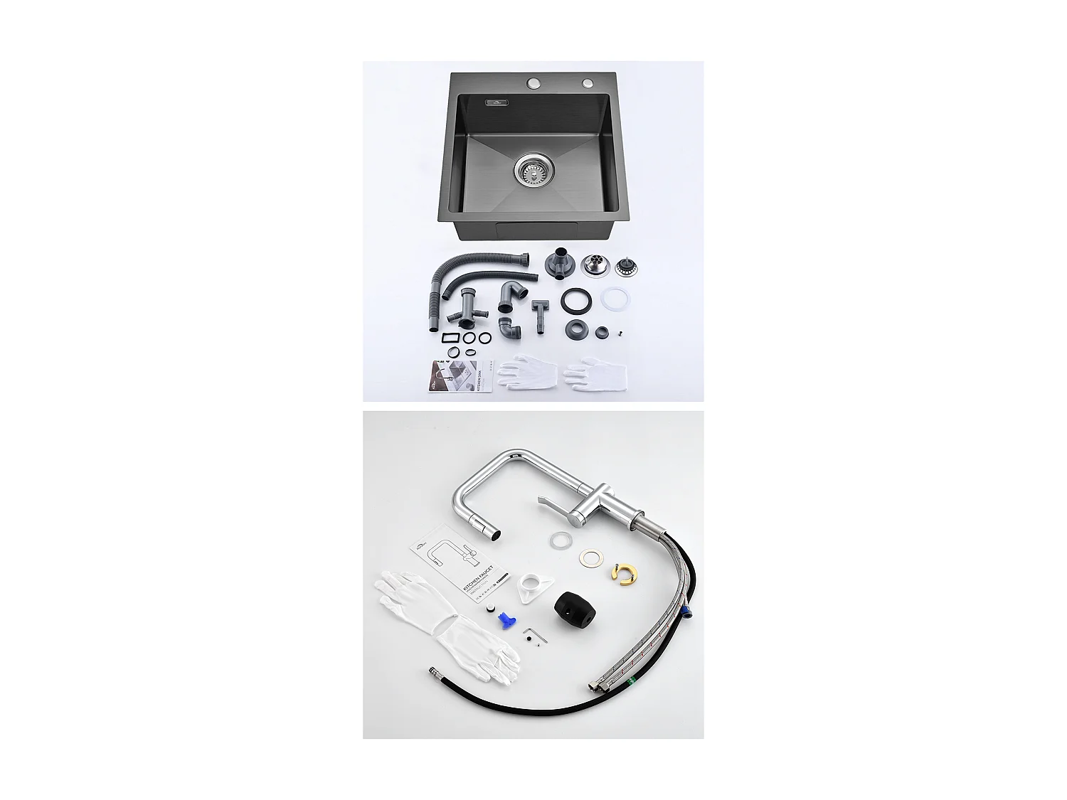 Évier Cuisine 1 Bac 45x45CM Acier Inoxydable 304+Robinet de Cuisine avec Douchette Extractible Rotatif 360 °2 Fonctions, Barboteur démontable,Chromé