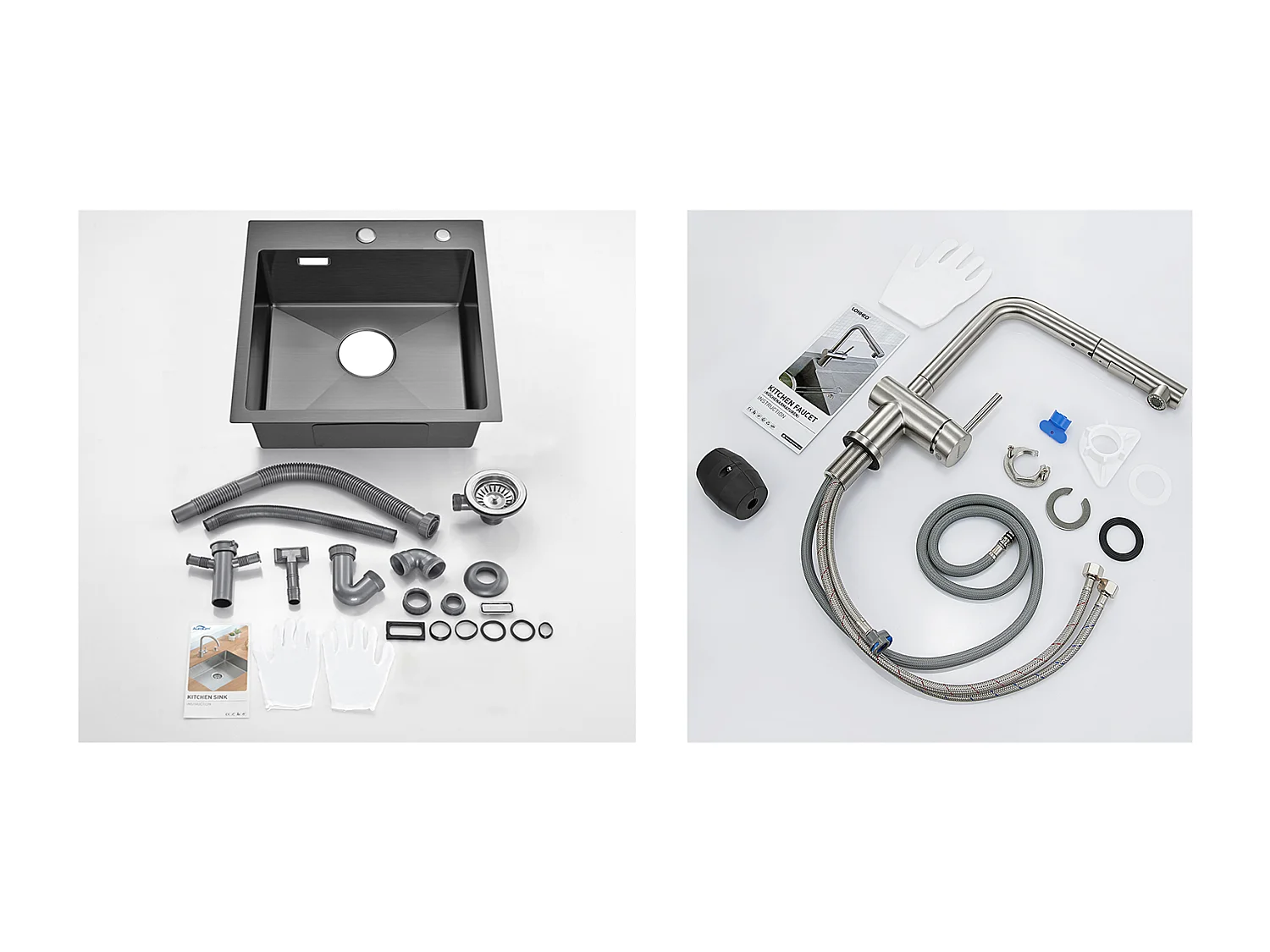 Zwarte Aanrecht 1 Bak 45x45CM Roestvrij Staal 304 , Inbouw en Vrijstaand + Keukenkraan Uittrekbare Douche met 2 Stralen