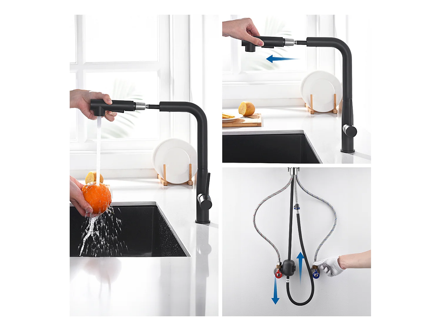 Auralum Max Einzelbecken-Küchenspüle 60 x 44 x 20 cm, Edelstahl 304, Einbau-/Unterbauspüle mit Ablaufkorb, Schwarz + Küchenarmatur mit ausziehbarer Brause, Schwarz