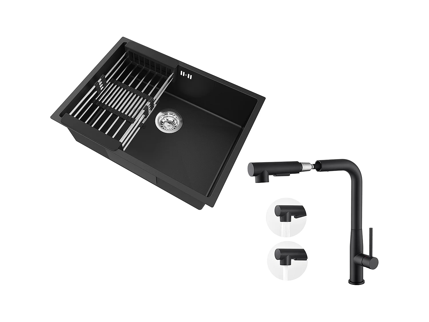 Auralum Max  Évier Cuisine 1 Bac 60*44*20CM,inox 304,à Encastrer/sous-plan avec Panier Drainage,Noir+Robinet Cuisine avec Douchette Extractible,Noir