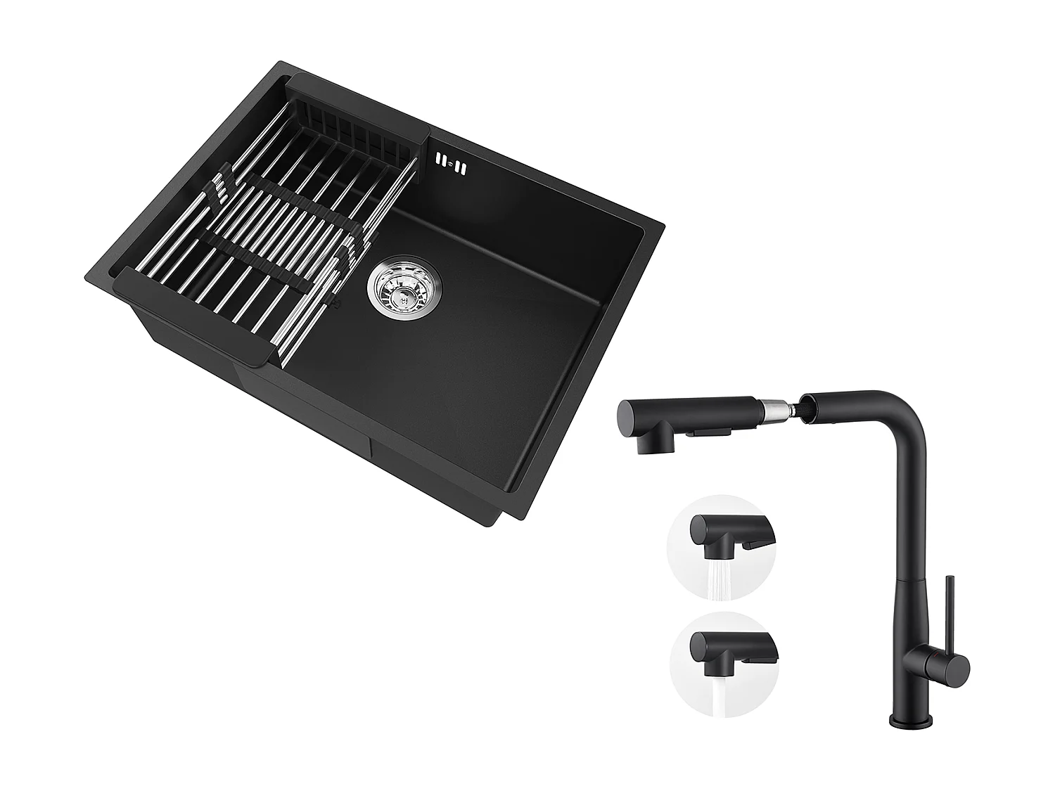 Auralum Max  Évier Cuisine 1 Bac 60*44*20CM,inox 304,à Encastrer/sous-plan avec Panier Drainage,Noir+Robinet Cuisine avec Douchette Extractible,Noir