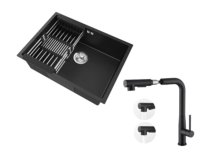 Auralum Max  Évier Cuisine 1 Bac 60*44*20CM,inox 304,à Encastrer/sous-plan avec Panier Drainage,Noir+Robinet Cuisine avec Douchette Extractible,Noir