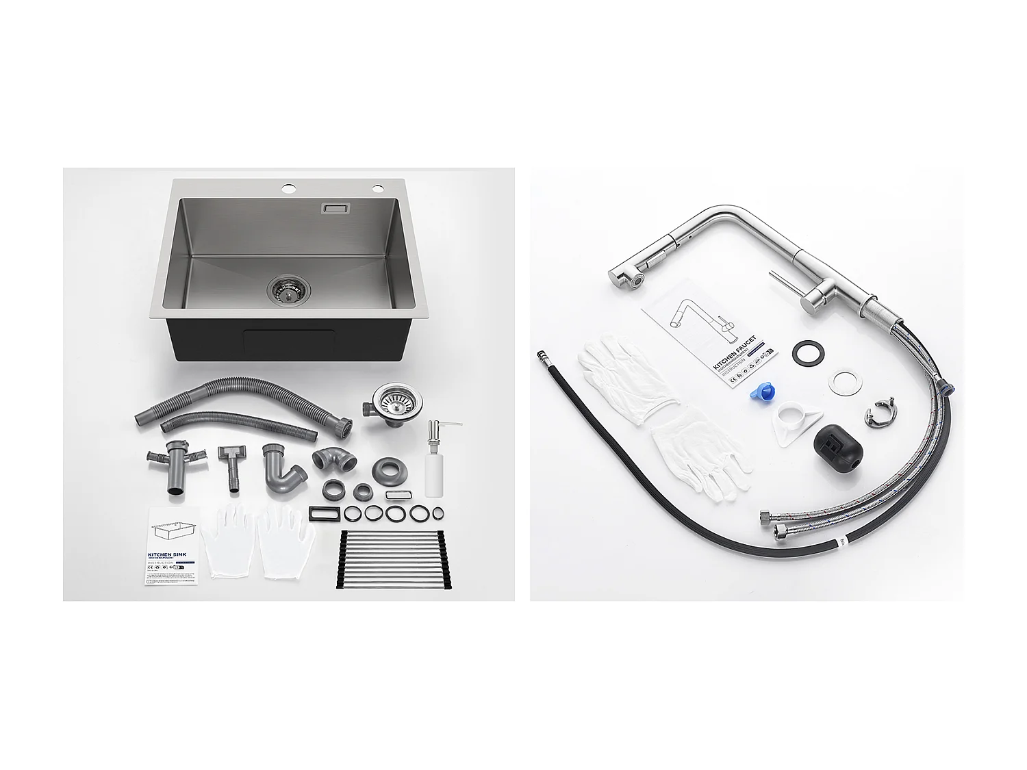 Évier Cuisine 1 Bac,58*45*18CM,Égouttoir Énroulable,Distributeur Savon+Mitigeur Cuisine avec Douchette Extractible Rotatif 360°,Brossé