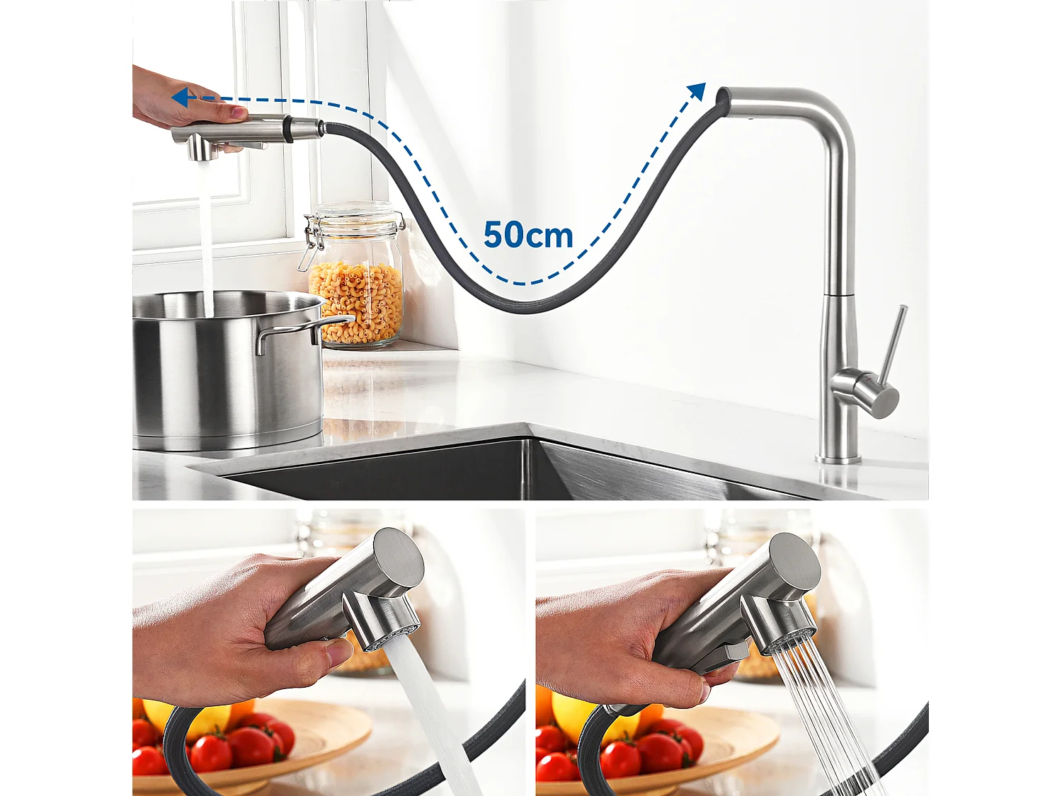 Évier Cuisine 1 Bac,58*45*18CM,Égouttoir Énroulable,Distributeur Savon+Mitigeur Cuisine avec Douchette Extractible Rotatif 360°,Brossé