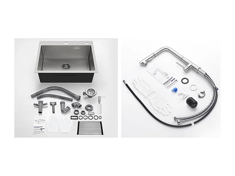 Évier Cuisine 1 Bac,58*45*18CM,Égouttoir Énroulable,Distributeur Savon+Mitigeur Cuisine avec Douchette Extractible Rotatif 360°,Brossé