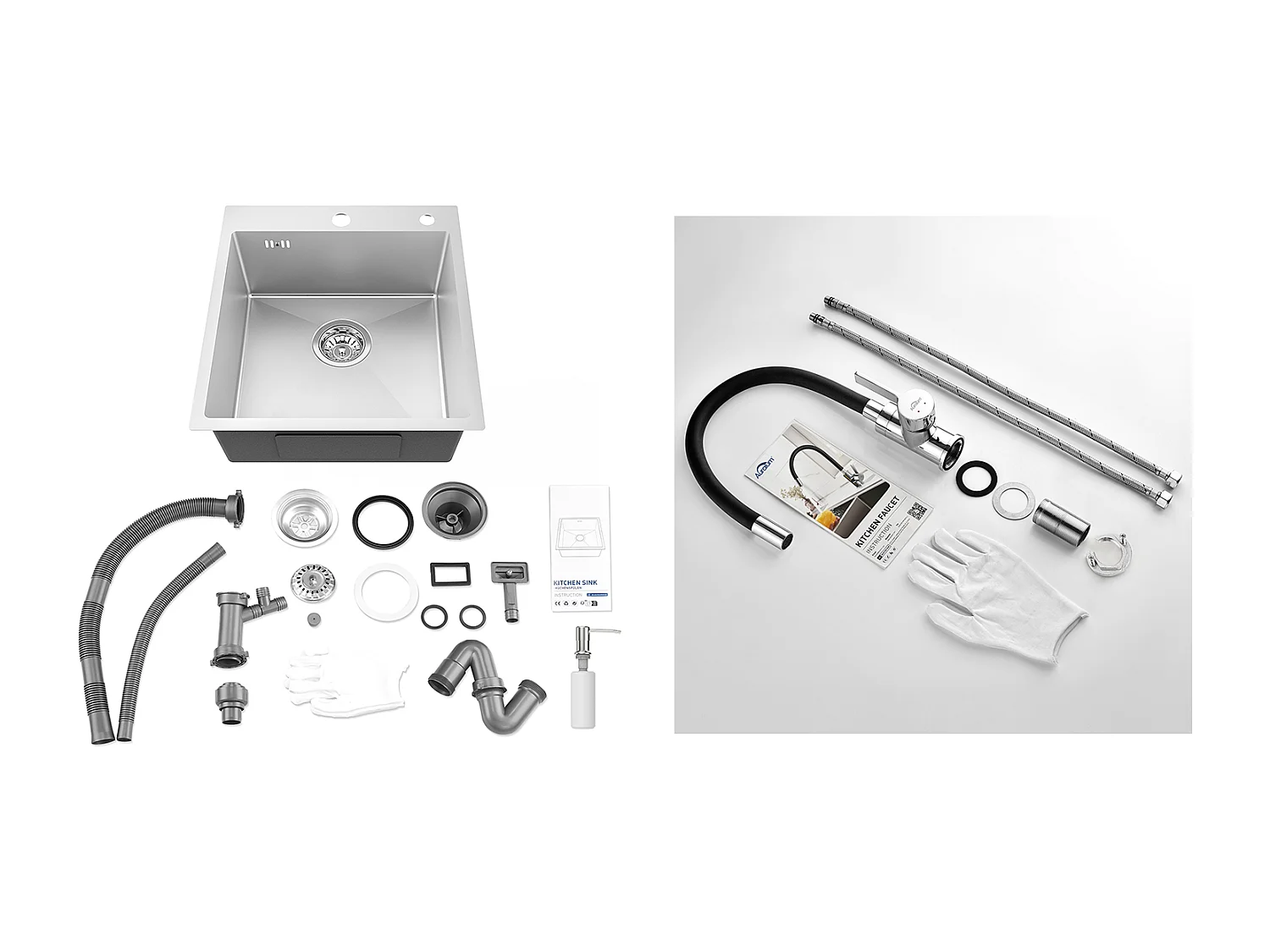 Évier Cuisine 1Bac Argent,44*49*20 CM,avec Distributeur Savon,Inox+Robinet de Cuisine Flexible Bec Haut Orientable