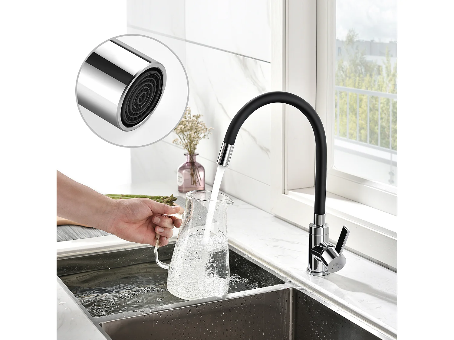 Évier Cuisine 1Bac Argent,44*49*20 CM,avec Distributeur Savon,Inox+Robinet de Cuisine Flexible Bec Haut Orientable