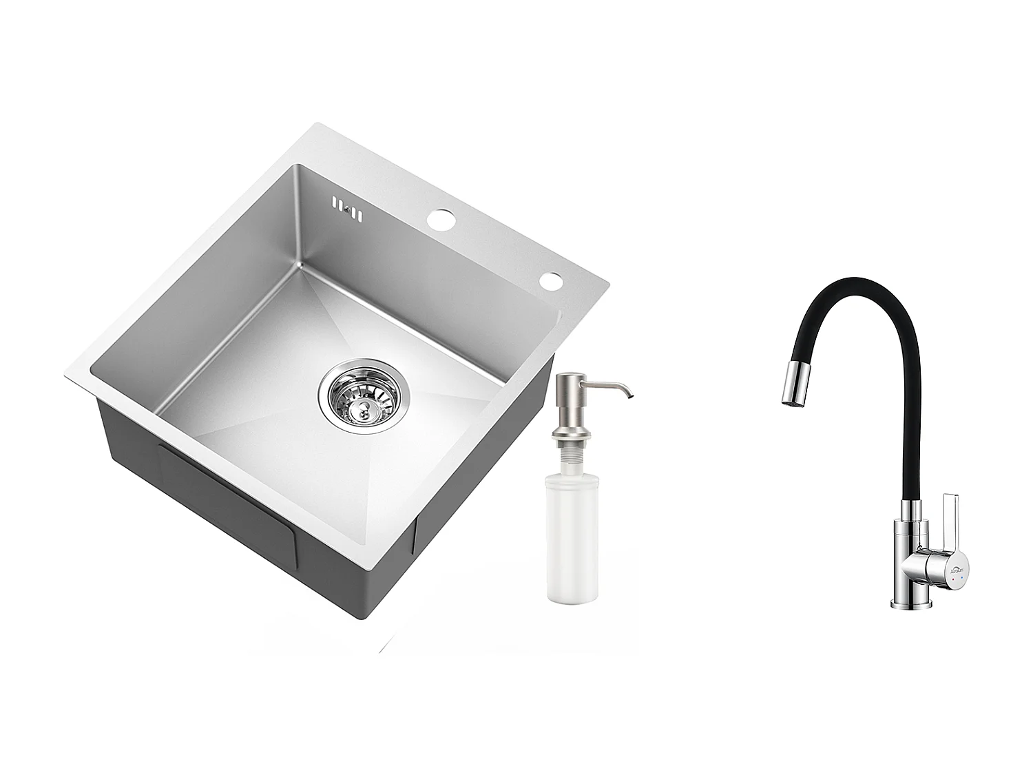 Aanrecht 1 bak zilver, 44*49*20 CM, met zeepdispenser, roestvrij staal + flexibele keukenkraan met hoge uitlop